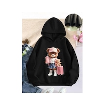 Nefes Alabilen Örme Kumaş, Karikatür Ayı & Kalp Baskılı Bol Kesim SiYAH