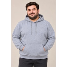Zennamoda Erkek Battal Büyük Beden Üç İplik İçi Şardonlu Kapüşonlu Kanguru Cepli Kışlık Sweatshirt - Gri