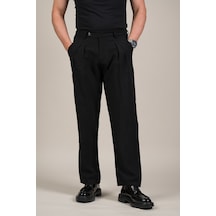 Akçaylar Çift Pileli Yazlık Modal Kumaş Beli Yarım Lastili Baggy Pantolon Siyah