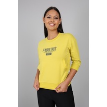 Baskılı Kanguru Cepli Yarım Kollu Sweatshirt Sarı