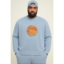 Benroma 3 İplik Penye Basketbol Topu Baskılı Büyük Beden Unisex Sweatshırt Bebe Mavisi