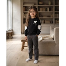 Roya Kız Çocuk Siyah Sweatshirt Kalpli Ve Dikiş Detaylı Kışlık