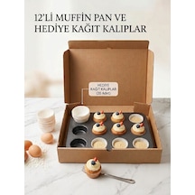 Metal Yapışmaz Muffin Kek Kalıbı 12 Bölmeli Kağıt Kek Kalıbı Hediyeli Antrasit - Gri