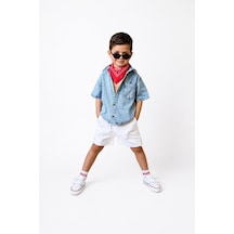 Eray Alp Kids Erkek Çocuk Mavi Kot Gömlek Beyaz Cepli Şort Takımı Günlük Rahat Kombin