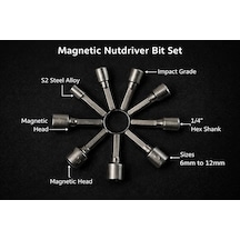 9 Parça Manyetik Somun Ucu Seti 5mm-13mm Arası Lokma Uç Takımı, Matkap Uyumlu Somun Sökme Adaptörü, 1/4" Altıgen Şaft, Manyetik Başlıklı Lokma Anahtar Uçları