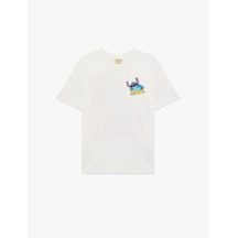 Koton Stitch Lisanslı Kısa Kollu Pamuklu Arkası Baskılı Oversize Tişört Ekru 6sal10115ık Ekru