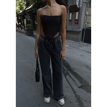Kadın Arkadan Yırtmaçlı Jeans Kot Palazzo Pantolon - Siyah
