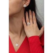 Papatya Silver 925 Ayar Gümüş Papatya Set Özel Tasarım Altın Kaplama Kolye Yüzük Küpe