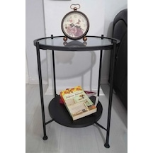 Nordic Yan Sehpa Temperli Cam 40 Cm Demonte Çizilmez Kırılmaz Metal Çerçeve Raflı Minimalist Sehpa - Siyah Siyah