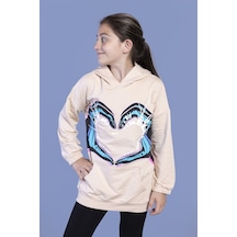 Toontoy Kız Çocuk Kapüşonlu Kanguru Cepli Baskılı Sweatshirt Pudra