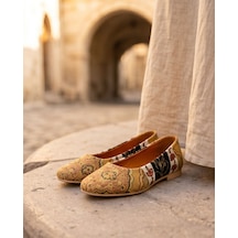 Futsishoes Vıttorıa Hakiki Deri Etnik Desenli Kadın Sarı Kilim Desenli Babet
