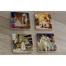 Oryantal Figürler Doğal Taş Bardak Altlığı 4'lü Set - Natural Stone Coasters - Taş Çok Renkli