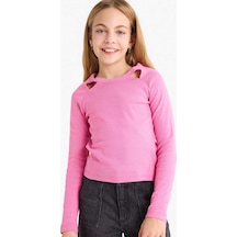 Defacto Kız Çocuk Slim Fit Dar Kesim Taşlı Yaka Baskılı Fitilli Kaşkorse Uzun Kollu Tişört G2550a825aupn613 Pembe