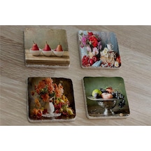 Armut Meyveler Ve Çiçekler Doğal Taş Bardak Altlığı 4'lü Set - Natural Stone Coasters - Taş Çok Renkli