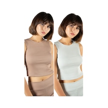 2'li Paket Bej Yeşil Fitted/vücuda Oturan Crop Halter Yaka Fitilli Esnek Örme Bluz Atlet Bej-yeşil