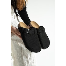 Moda Devrin Unisex Siyah Kışlık Keçeli Önü Kapalı Mantar Taban Konfor Model Sabo Günlük Rahat Ev Terliği