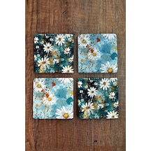 Doğal Taş Bardak Altlığı Papatya Desen Baskılı 10x10cm Stone Coasters 4'lü Set Çok Renkli