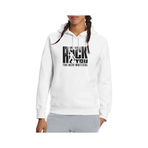 Queen We Will Rock You Baskılı Beyaz Kadın Kapşonlu Sweatshirt (534811489)