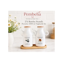Bambu Standlı Etiketli Çizgili 2 Li Porselen 1000 Ml Yağdanlık Seti Yağlık Takımı Beyaz Beyaz