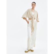 Koton Crop Kimono Oversize Kısa Geniş Kollu Kruvaze Önü Bağlamalı Bej 4wal50010ıw 4WAL50010IW057 Ekru