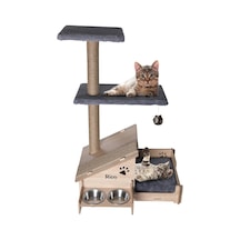 Çok Amaçlı Katlı Kedi Evi-isim Baskılı-ahşap Mdf-tırmalama Çubuklu-gri Minder-çelik Kase-2 350
