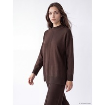 Lc Waikiki Lc Waıkıkı Kahverengi Yarım Balıkçı Yaka Kadın Oversize Triko Tunik