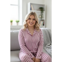 Rukod Pembe Beyaz Çizgili Gömlek Yaka Desenli Kadın Pijama Takımı Milan Kumaş, Günlük Rahat Kullanım Pembe