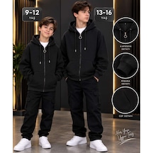 Ela 3 İp Kapşonlu Şardonlu Kışlık Sweatshirt Siyah - Siyah