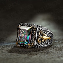 925 Ayar Gümüş Mistik Topaz Taşlı Pençeli Usta İşi Erkek Yüzük Gümüş