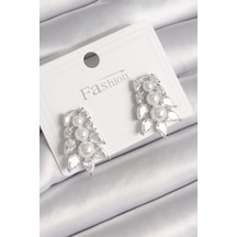 Pirinç Gümüş Renk Zirkon Taşlı Yaprak Model İnci Detay Kadın Küpe Çok Renkli