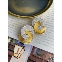Pinery Jewels Vıp Seri - Halka Zirkon Taşlı Altın Kaplama Kadın Küpe Çifti Altın