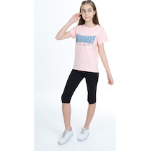 Toontoy Kids Toontoy Kız Çocuk 2'li Takım Baskılı Bisiklet Yaka T-shirt & Beli Lastikli Crop Tayt Açık Lila
