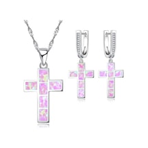 Pembe Moda İsa Haç Aksesuarları Kadınlar Için Set İmitasyon Mavi Ateş Opal Çapraz Kolye Kolye Küpe Kadın Düğün Takısı Pembe