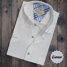 Linen Keten Klasik Kısa Kollu Beyaz Erkek Gömlek Regular Kalıp -10066 Beyaz