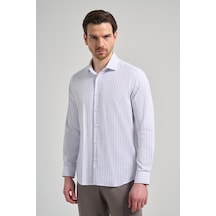 İmza Uzun Kol Çizgili Desen Bez Ayağı İtalyan Yaka Cepsiz Pamuklu Classic Slim Fit Gömlek 1004250181 Beyaz