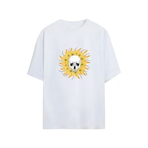 Noıssey Kurukafa Ve Çiçek Tasarımlı Unisex Oversize T-shirt Beyaz