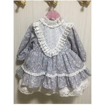 Dantel Ve Güpür Detaylı Çiçekli Özel Tasarım Kız Çocuk Bebek Mavi Elbise 001