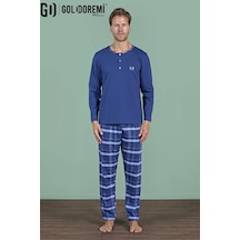 Gd Goldoremi Erkek Düğmeli Yaka Ekoseli Uzun Kollu Pijama Takım Mavi