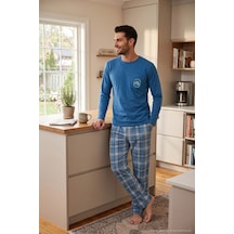 Buratti Ekoseli Pamuklu Bisiklet Yaka Pijama Takımı Erkek Pijama Takımı 6575007 Mavi