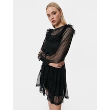 Koton Mini Dantelli Elbise Fırfırlı Bisiklet Yaka Kemer Detaylı Siyah 4wak80254ek 4WAK80254EK999 Siyah