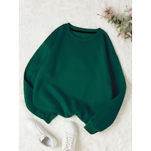 Kadın Nefti Yeşili Düz Bisiklet Yaka Sweatshirt Nefti Yeşili