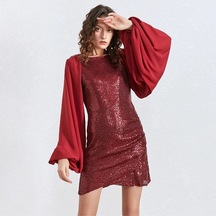 Fashion Cocktail Payetli Pullu Balon Şifon Kol Yuvarlak Yaka Mini Düğün Nişan Davet Abiye Elbise Kırmızı