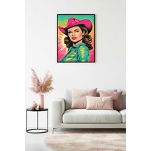 Doğal Ahşap Çerçeveli Pop Art Portre Tablo - Retro Pembe-turkuaz Huhu1778