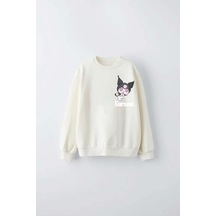 Kız Çocuk Kuromi Modelli Bisiklet Yaka Pamuk Sweat Krem