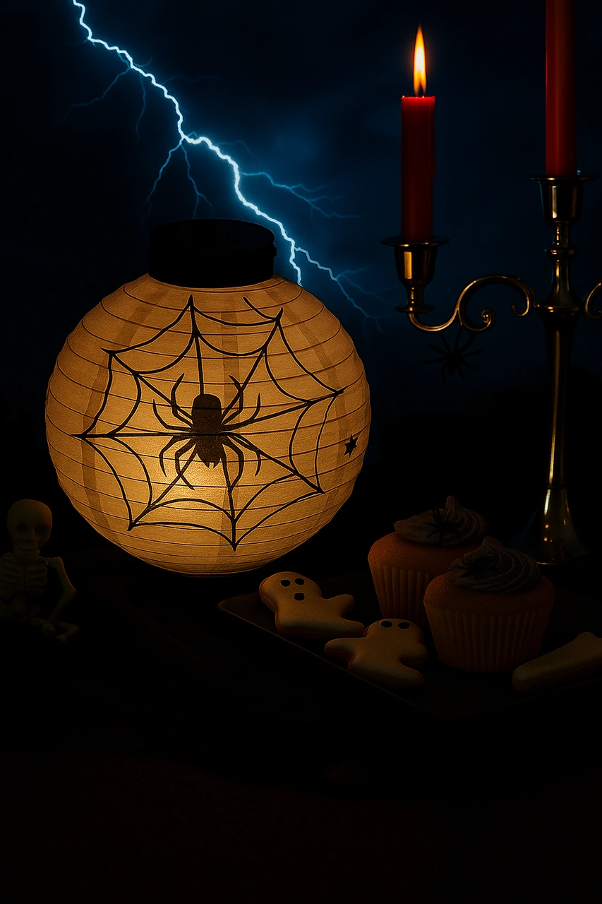 Halloween Cadılar Bayramı Japon Feneri Pilli 20 Cm Beyaz Örümcek Desenli Korku Aksesuarı Diğer