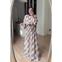 Kahijab Çiçek Desenli Yarasa Kol Astarlı Elbise - Bordo