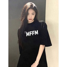 Unisex Siyah Oversize Mffm Baskılı Örme T-shirt Siyah