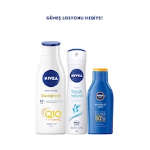 Nivea Q10 Sıkılaştırıcı Vücut Losyonu 250 ML+Fresh Kadın Sprey+Güneş Losyonu SPF50 100 ML