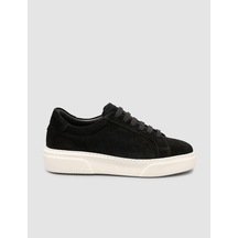 %100 Hakiki Süet Siyah Kürk Astarlı Bağcıklı Sneaker Ayakkabı Siyah