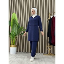 Taş Detaylı Kapüşonlu Fermuarlı İkili Tunik Takım Lacivert